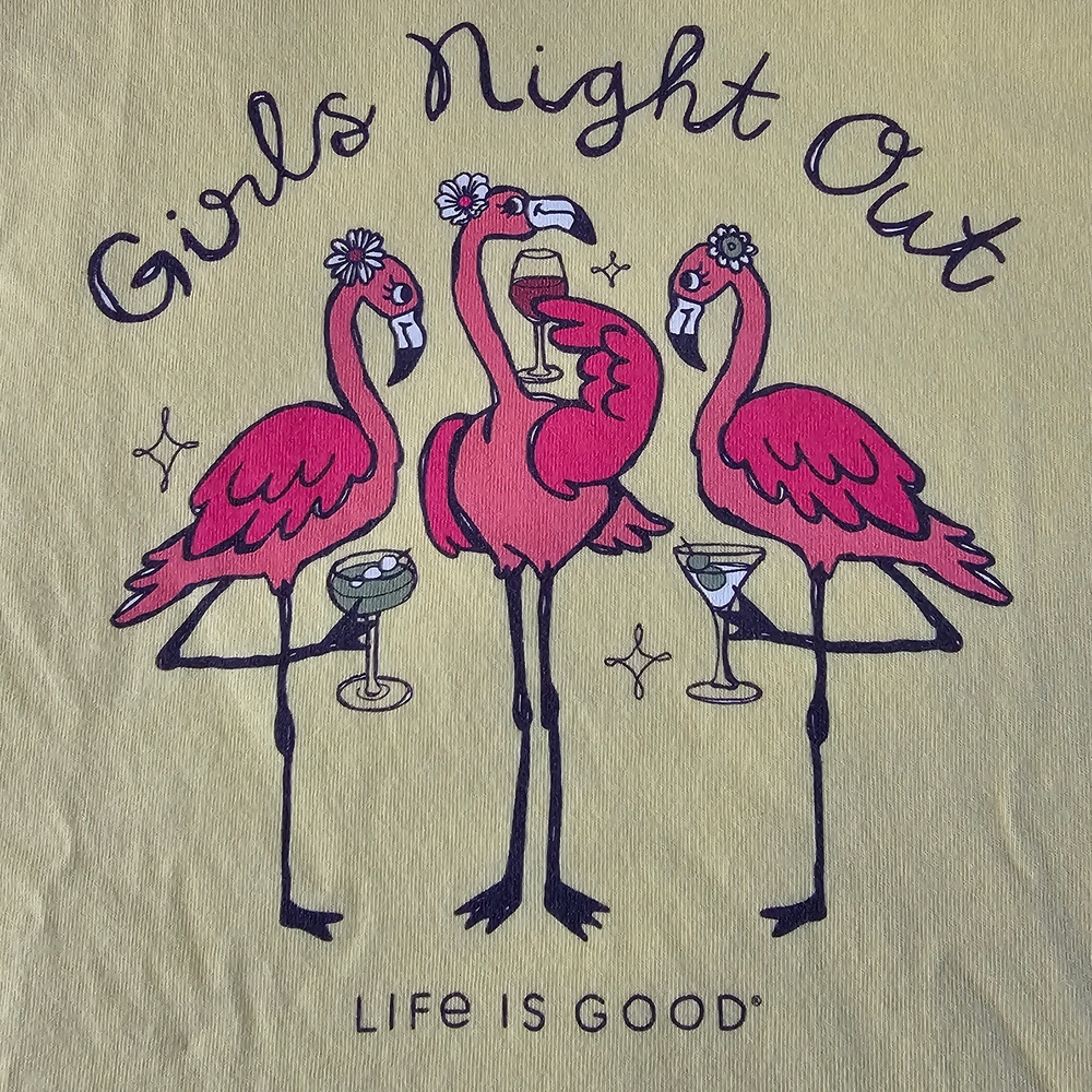 Life Is Good Yellow Tee with Pink Flamingos